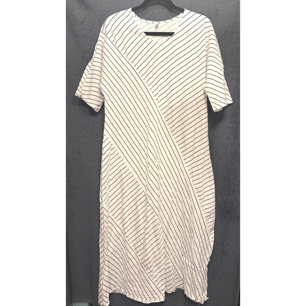 Misslook XL Striped Asymmetrical Midi Dress Lagenlook Coastal Minimalist White